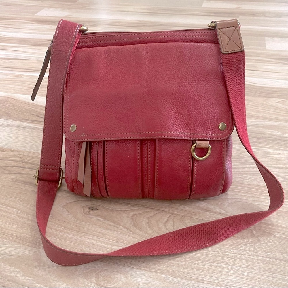 Fossil Red and Brown Crossbody Bag with Leather Finish